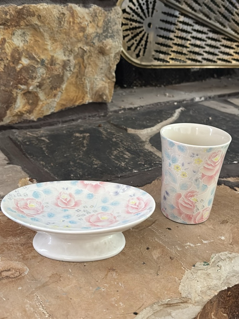 Floral Ceramic Pedestal Dish and Tumbler Set - Pink and Blue